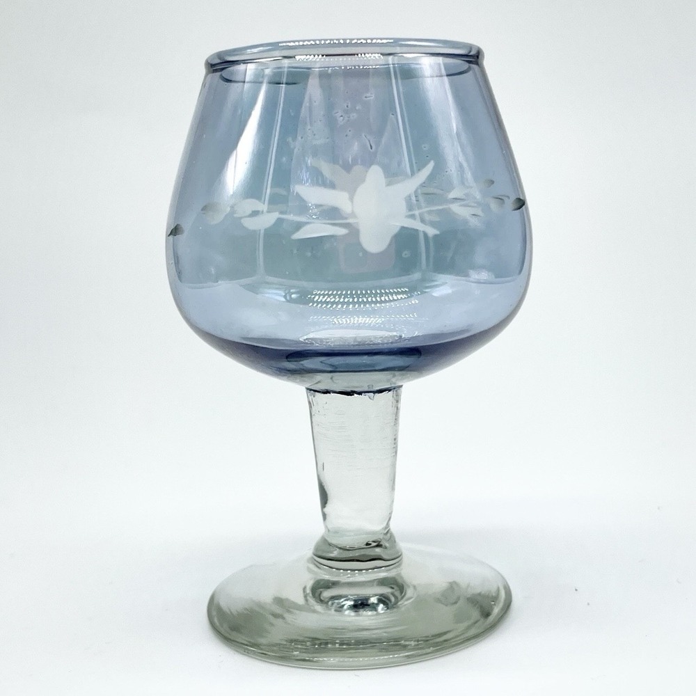 Vintage Blue Iridescent Flash Cordial Glass Etched Floral 2.75" Liqueur Retro